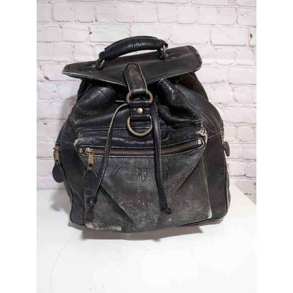 Frye Vintage Distressed Leather Backpack Large Black Patina Rucksack Boho Travel - Picture 1 of 16